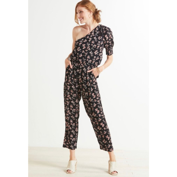 Roan + Ryan Pants - Women's Roan + Ryan Jumpsuit Size M Black Floral One Shoulder